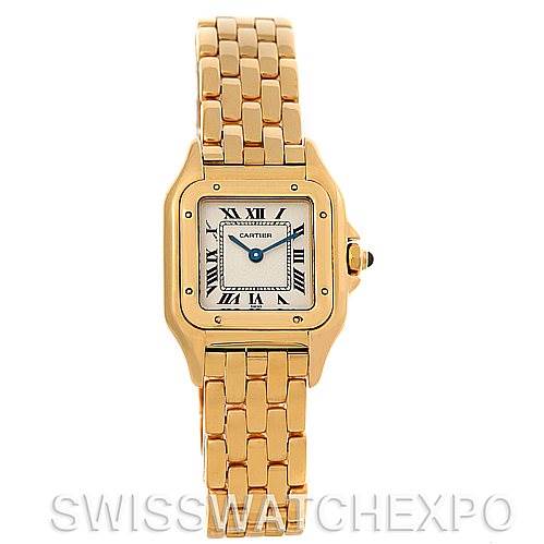 The image shows a front view of the Cartier Panthere W25022B9 Women's Yellow Gold Silver Dial W25022B9 Women's Yellow Gold Silver Dial watch, showcasing its face, bezel, and bracelet.