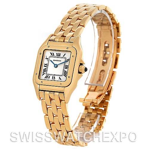 The image shows the Cartier Panthere W25022B9 Women's Yellow Gold Silver Dial W25022B9 Women's Yellow Gold Silver Dial watch slightly angled to display both the face and bracelet, with an open clasp.