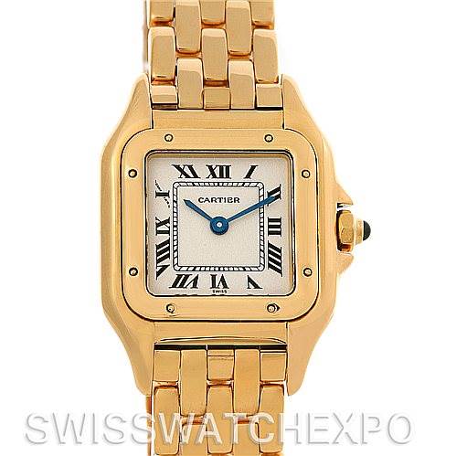 This is a front view of the Cartier Panthere W25022B9 Women's Yellow Gold Silver Dial W25022B9 Women's Yellow Gold Silver Dial model watch, showing its face, bezel, and part of the bracelet.