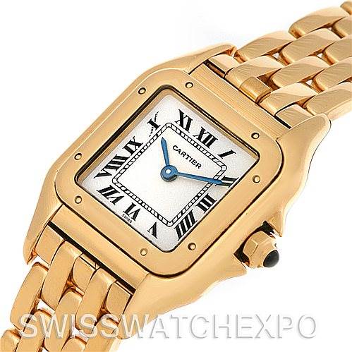 The image shows a close-up of the dial, bezel, and bracelet of a Cartier Panthere W25022B9 Women's Yellow Gold Silver Dial W25022B9 Women's Yellow Gold Silver Dial model watch, featuring gold tone and Roman numerals.