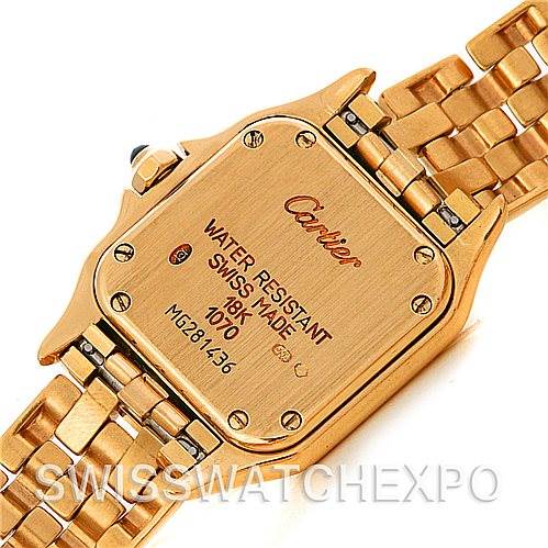 This image shows the back of a Cartier Panthere W25022B9 Women's Yellow Gold Silver Dial W25022B9 Women's Yellow Gold Silver Dial watch, highlighting its case back and part of the bracelet.