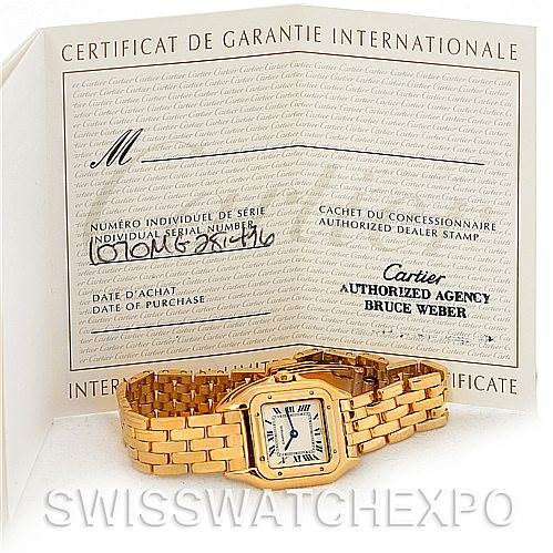 The image shows a Cartier Panthere W25022B9 Women's Yellow Gold Silver Dial W25022B9 Women's Yellow Gold Silver Dial watch and its warranty certificate from a front angle.