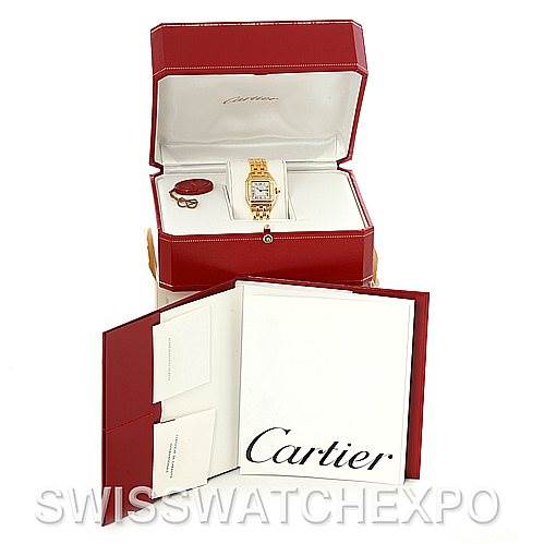 The image shows a Cartier Panthere W25022B9 Women's Yellow Gold Silver Dial W25022B9 Women's Yellow Gold Silver Dial watch with its open box, booklet, and accessories, all displayed at a slight top angle.