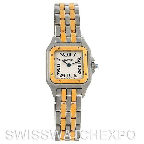 This image shows a front view of a Cartier Panthere W25029B6 Women
s Stainless Steel Silver Dial W25029B6 Women
s Stainless Steel Silver Dial watch, highlighting its dual-tone bracelet and square face with Roman numerals.