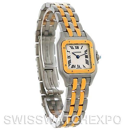 The image shows a side angle of a Cartier Panthere W25029B6 Women
s Stainless Steel Silver Dial W25029B6 Women
s Stainless Steel Silver Dial watch, highlighting its two-tone bracelet and square face with Roman numerals.