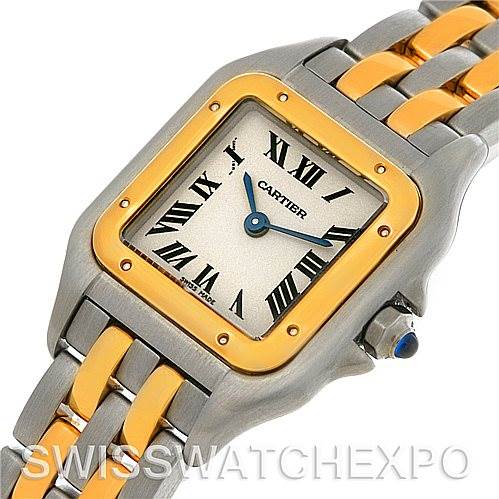 The image shows a close-up of a Panthere model watch by Cartier, displaying its face, bezel, crown, and part of the bracelet.