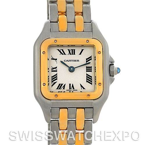 This image shows a front view of the Cartier Panthere W25029B6 Women
s Stainless Steel Silver Dial W25029B6 Women
s Stainless Steel Silver Dial watch, highlighting its dial, bezel, and part of the bracelet.