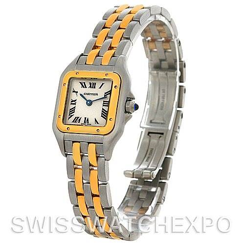 The image shows a Cartier Panthere W25029B6 Women
s Stainless Steel Silver Dial W25029B6 Women
s Stainless Steel Silver Dial model watch from an angled side profile, highlighting its two-tone bracelet and square face with Roman numerals.