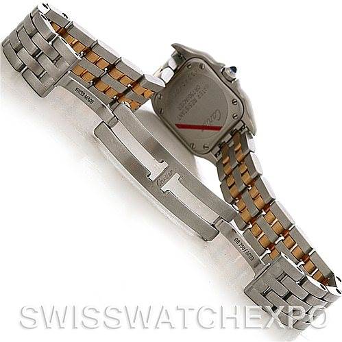 The image shows the underside and clasp of the Panthere model watch by Cartier, highlighting the metal bracelet and case back.