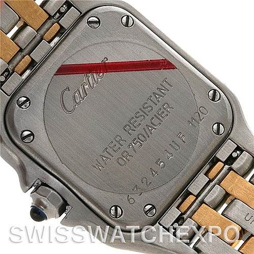 This image shows the back case and part of the bracelet of a Cartier Panthere W25029B6 Women
s Stainless Steel Silver Dial W25029B6 Women
s Stainless Steel Silver Dial watch at an angle highlighting the case back inscriptions.