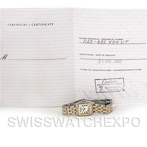 The image shows a Cartier Panthere W25029B6 Women
s Stainless Steel Silver Dial W25029B6 Women
s Stainless Steel Silver Dial model watch laid flat in front of its certification papers.
