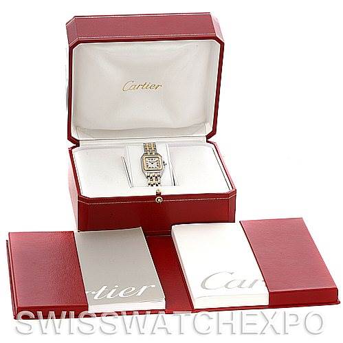 The image shows a Cartier Panthere W25029B6 Women
s Stainless Steel Silver Dial W25029B6 Women
s Stainless Steel Silver Dial watch in its open box with additional booklets laying flat in front.
