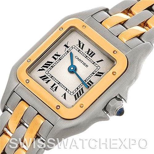 This image shows a close-up angled view of the Cartier Panthere W25029B6 Women
s Stainless Steel Silver Dial W25029B6 Women
s Stainless Steel Silver Dial watch, highlighting the face, bezel, and partial bracelet.