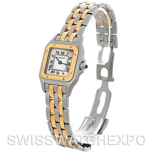 The image shows a Cartier Panthere W25029B6 Women
s Stainless Steel Silver Dial W25029B6 Women
s Stainless Steel Silver Dial watch from a side angle, displaying the face, bezel, and two-tone bracelet.