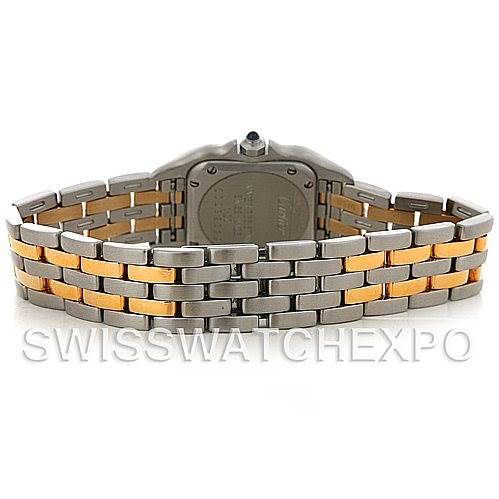 The image shows the back and bracelet of the Cartier Panthère model watch from a rear angle.