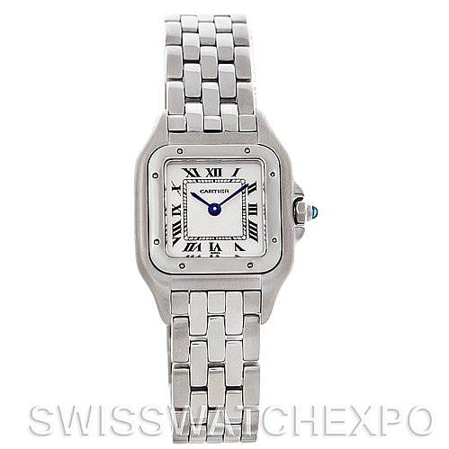The Panthere model by Cartier is shown from a front angle, displaying its face, band, and crown.