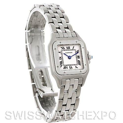 This image shows a Panthere model Cartier watch at an oblique angle, highlighting its silver bracelet and square face with Roman numerals.