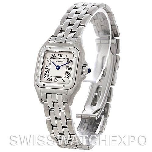 This image shows a Cartier Panthere W25033P5 Women
s Stainless Steel Silver Dial W25033P5 Women
s Stainless Steel Silver Dial model watch from a three-quarter angle, displaying the face, bezel, bracelet, and clasp.