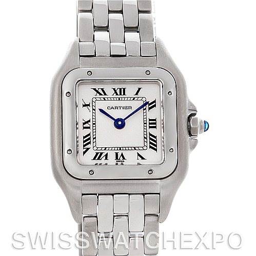 This is a frontal view of the Cartier Panthere W25033P5 Women
s Stainless Steel Silver Dial W25033P5 Women
s Stainless Steel Silver Dial watch, showing the watch face, bezel, and part of the bracelet.
