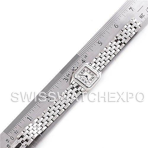 The Cartier Panthere W25033P5 Women
s Stainless Steel Silver Dial W25033P5 Women
s Stainless Steel Silver Dial watch is shown from a top-down angle with rulers on both sides for scale.