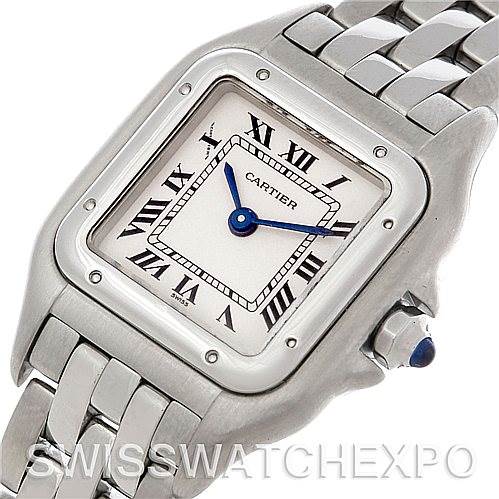 The image shows a Cartier Panthere W25033P5 Women
s Stainless Steel Silver Dial W25033P5 Women
s Stainless Steel Silver Dial watch from an angled front view, highlighting the face, stainless steel case, and bracelet.