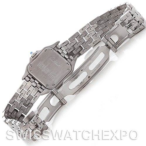 This image shows the back and clasp of a Cartier Panthere W25033P5 Women
s Stainless Steel Silver Dial W25033P5 Women
s Stainless Steel Silver Dial watch, highlighting the metal bracelet and engraved case back.