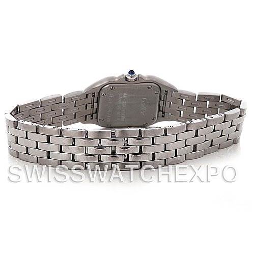 This image shows the back of the Panthere model by Cartier, highlighting its bracelet and case back.