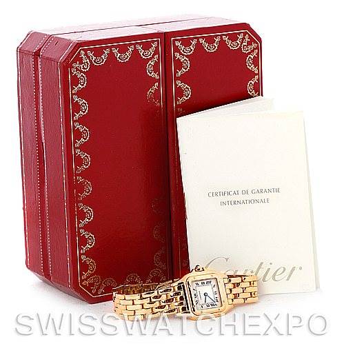The image shows a Cartier Panthere W25022B9 Women's Yellow Gold Silver Dial W25022B9 Women's Yellow Gold Silver Dial model watch in front of its red box and the certificate of guarantee.