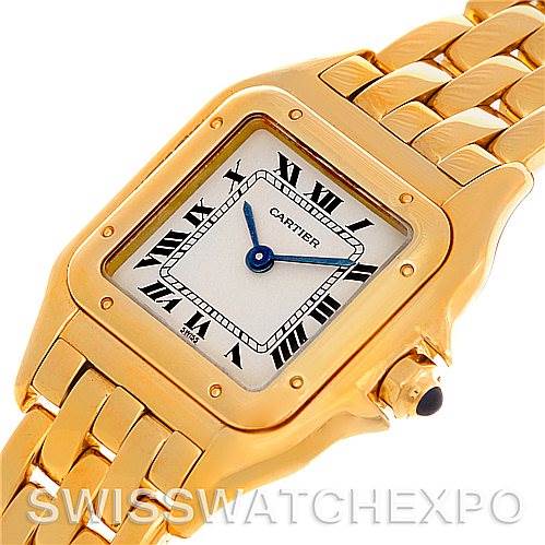 The image shows a close-up angled view of the Cartier Panthere W25022B9 Women's Yellow Gold Silver Dial W25022B9 Women's Yellow Gold Silver Dial watch, highlighting its face, bezel, and part of the bracelet.