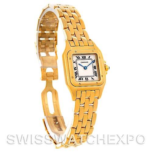 The image shows a side angle view of the Cartier Panthere W25022B9 Women's Yellow Gold Silver Dial W25022B9 Women's Yellow Gold Silver Dial watch, highlighting its gold bracelet and square face with Roman numerals.