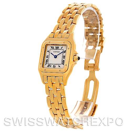 The image shows a side angle view of a Cartier Panthere W25022B9 Women's Yellow Gold Silver Dial W25022B9 Women's Yellow Gold Silver Dial watch, highlighting its gold bracelet and square dial.