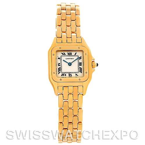 This image shows a front view of a Cartier Panthere W25022B9 Women's Yellow Gold Silver Dial W25022B9 Women's Yellow Gold Silver Dial model watch, featuring its gold bracelet, square case, and Roman numeral dial.