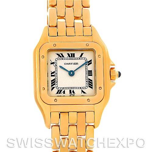 The image shows a frontal view of a gold Cartier Panthere W25022B9 Women's Yellow Gold Silver Dial W25022B9 Women's Yellow Gold Silver Dial watch, highlighting the face, bezel, crown, and upper bracelet.