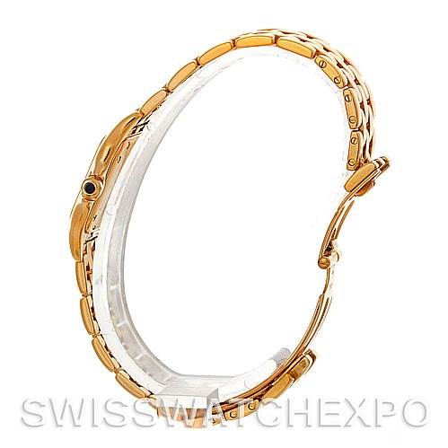 The image shows a side view of a Cartier Panthere W25022B9 Women's Yellow Gold Silver Dial W25022B9 Women's Yellow Gold Silver Dial watch, focusing on the gold bracelet and side profile of the case.
