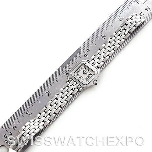 This image shows a top-down view of a Cartier Panthere W25033P5 Women
s Stainless Steel Silver Dial W25033P5 Women
s Stainless Steel Silver Dial watch, aligned next to a ruler for size reference.