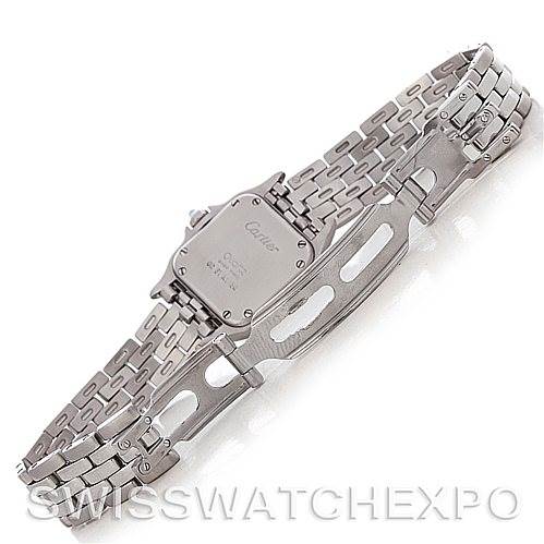 This image shows the back and clasp of a Cartier Panthere W25033P5 Women
s Stainless Steel Silver Dial W25033P5 Women
s Stainless Steel Silver Dial model watch at an overhead angle.