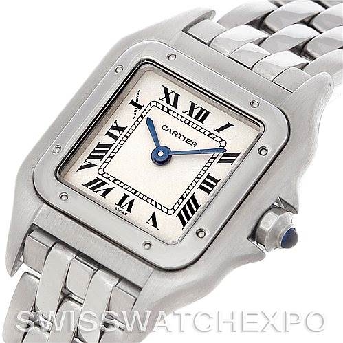 The image shows a Cartier Panthere W25033P5 Women
s Stainless Steel Silver Dial W25033P5 Women
s Stainless Steel Silver Dial model watch from a slight front angle, highlighting its face, bracelet, and crown.