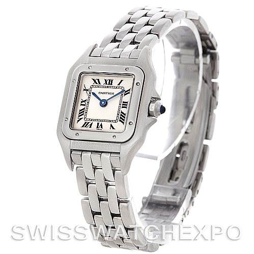 The image shows a front and side angle of the Cartier Panthere W25033P5 Women
s Stainless Steel Silver Dial W25033P5 Women
s Stainless Steel Silver Dial watch, highlighting its square face, Roman numerals, and linked metal band.