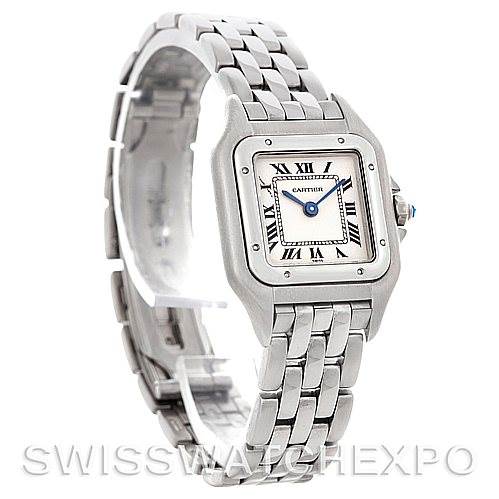 The image shows a Cartier Panthere W25033P5 Women
s Stainless Steel Silver Dial W25033P5 Women
s Stainless Steel Silver Dial model watch at a slight angle, highlighting its face, bezel, and stainless steel bracelet.