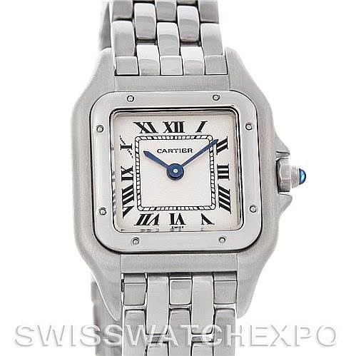 The image shows a front view of a Cartier Panthere W25033P5 Women
s Stainless Steel Silver Dial W25033P5 Women
s Stainless Steel Silver Dial model watch, displaying its dial, bezel, and part of the bracelet band.
