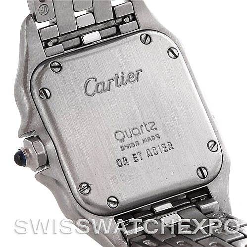 The image shows the back of a Panthere model watch by Cartier, including the bracelet and caseback details.