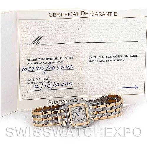 This image shows a Cartier Panthere W25029B6 Women
s Stainless Steel Silver Dial W25029B6 Women
s Stainless Steel Silver Dial watch along with its guarantee certificate, displaying a clear view of the watch face and bracelet.