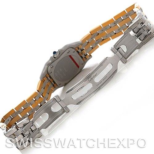 This image shows the reverse view of the bracelet and clasp of a Cartier Panthere W25029B6 Women
s Stainless Steel Silver Dial W25029B6 Women
s Stainless Steel Silver Dial watch, highlighting its two-tone metal design and clasp.
