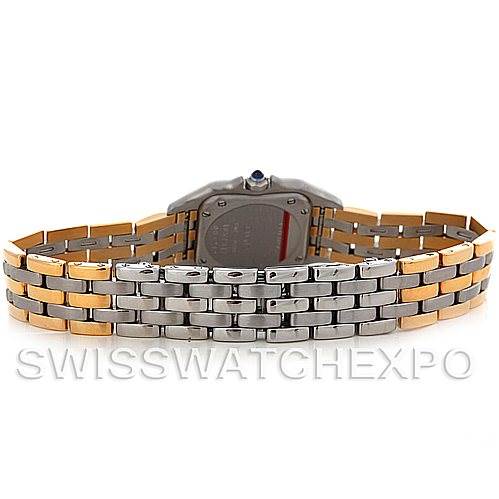The image shows the back view of the bracelet and case of a Cartier Panthere W25029B6 Women
s Stainless Steel Silver Dial W25029B6 Women
s Stainless Steel Silver Dial watch in a two-tone gold and stainless steel design.
