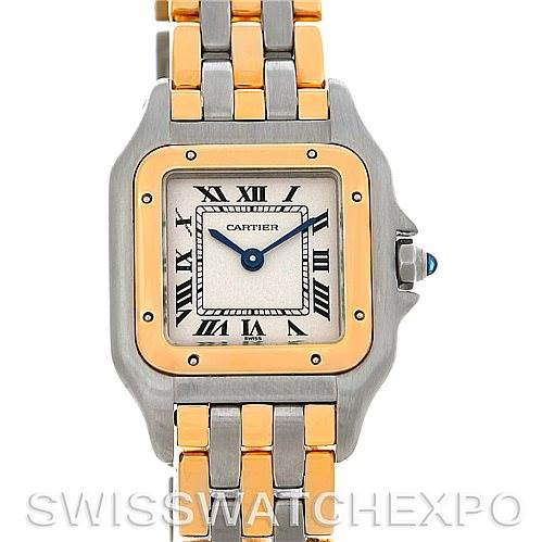 This image shows a front view of a Cartier Panthere W25029B6 Women
s Stainless Steel Silver Dial W25029B6 Women
s Stainless Steel Silver Dial watch, highlighting its face, bezel, and two-tone bracelet.