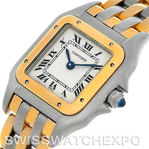 The image shows a close-up angle of the Cartier Panthere W25029B6 Women
s Stainless Steel Silver Dial W25029B6 Women
s Stainless Steel Silver Dial watch showcasing its dial, crown, and two-tone bracelet.