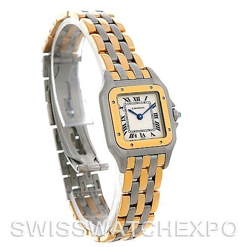 The image shows a Panthere de Cartier watch at a slight angle, displaying the bezel, dial, bracelet, and crown with a blue stone.