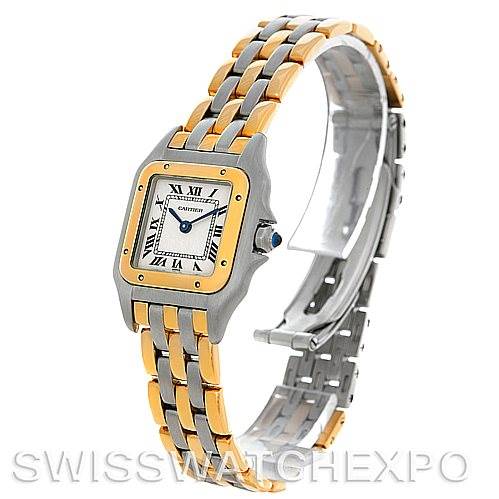 The image shows a side angle of a Cartier Panthere W25029B6 Women
s Stainless Steel Silver Dial W25029B6 Women
s Stainless Steel Silver Dial watch, displaying the face, bezel, crown, and two-tone bracelet in detail.