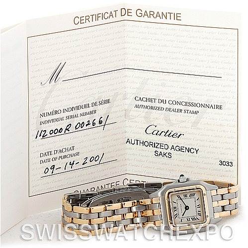 The image shows a Cartier Panthere W25029B6 Women
s Stainless Steel Silver Dial W25029B6 Women
s Stainless Steel Silver Dial watch with its entire band and face visible alongside a warranty certificate.