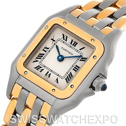 The image shows a close-up, angled view of a Cartier Panthere W25029B6 Women
s Stainless Steel Silver Dial W25029B6 Women
s Stainless Steel Silver Dial watch, highlighting the face, bezel, and two-tone bracelet.